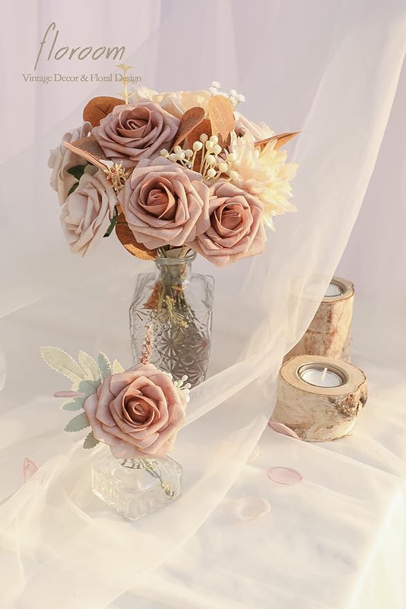 Artificial Flowers 25pcs Real Looking Warm Taupe & Nude Foam Fake Roses - Image 2