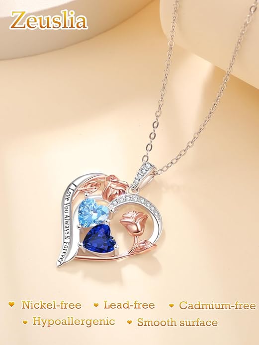 Valentine's Day Gifts for Wife 925 Sterling Silver Double Birthstone Pendant Necklaces I Love You for Always and Forever Necklace Anniversary Birthday Gifts for Wife Girlfriend Mom Her