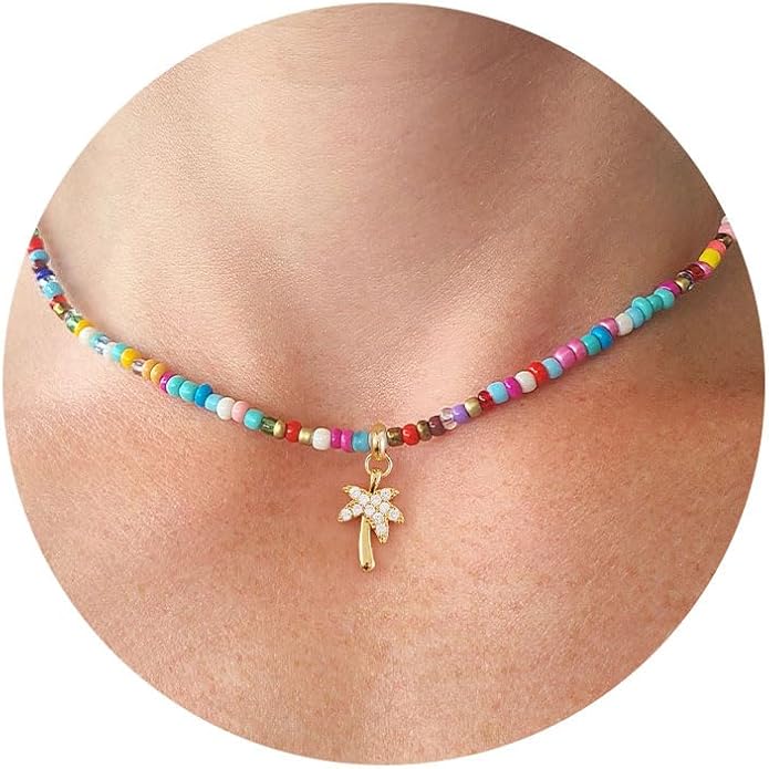 VRIUA Colorful Beaded Necklaces for Women – Summer Beach Boho Starfish, Conch, Shell, Pearl, Palm tree Pendant Necklace Jewelry