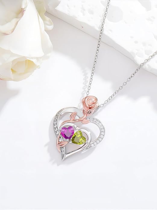 Rose Flower Heart Pendant for Women Birthday Gifts 18k Gold Plated Mother Daughter Necklace with 12 Months Birthstone Christmas Valentines Day Gifts for Her Mom Anniversarry Jewelry for Mom Wife Girlfriend