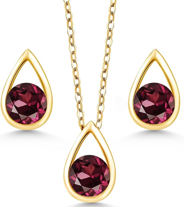 Gem Stone King 18K Yellow Gold Plated Silver 5MM Round Gemstone Birthstone Teardrop Pendant Earrings Set | Jewelry Set for Women | With 18 Inch Chain