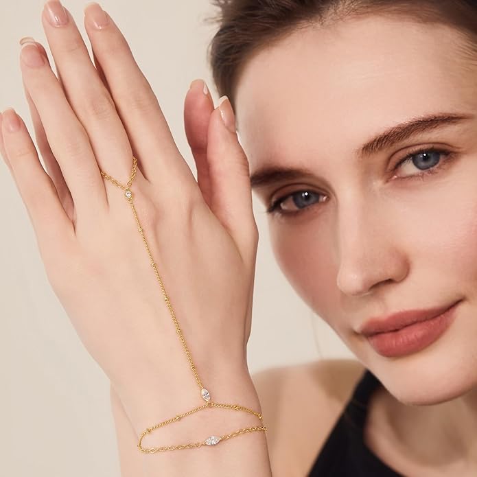 Cicy Bell Hand Chain 18k Gold Plated Bracelet for Women Trendy Teardrop Cubic Zirconia Adjustable Finger Ring Slave Dainty Bracelets Jewelry Gifts