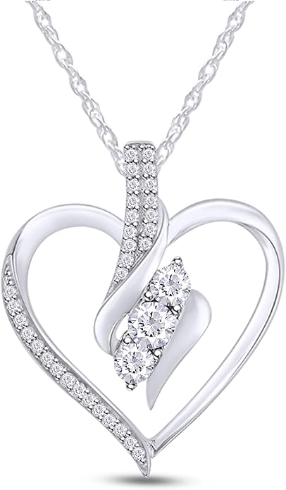 3 Stone Heart Pendant Necklace for Women in 14K Gold Over 925 Sterling Silver, Natural Diamond, Moissanite or Lab-Grown Diamond (0.25 Ct), Dainty Jewelry Gift with 18" Chain for Her Valentine’s Day