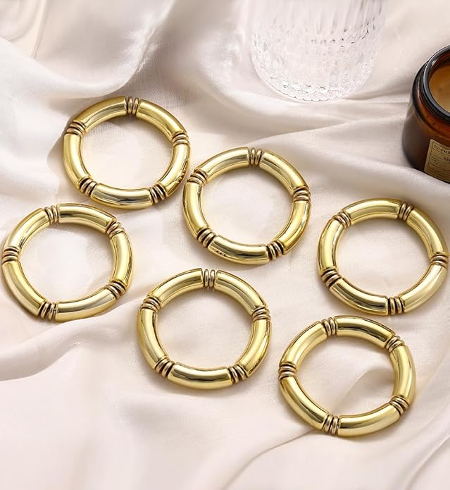 iF YOU 6pcs Chunky Acrylic Bangle Bracelets for Women, Resin Bamboo Brown Stretchy Bracelet Stack, Fashion Jewelry for Women