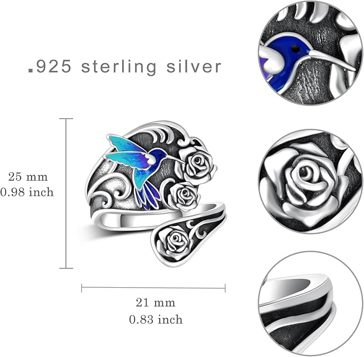 Spoon Rings for Women 925 Sterling Silver Hummingbird/Butterfly/Bee/Red Cardinal/Pink Flamingo Adjustable Thumb Rings Vintage Boho Antique Jewelry Gifts