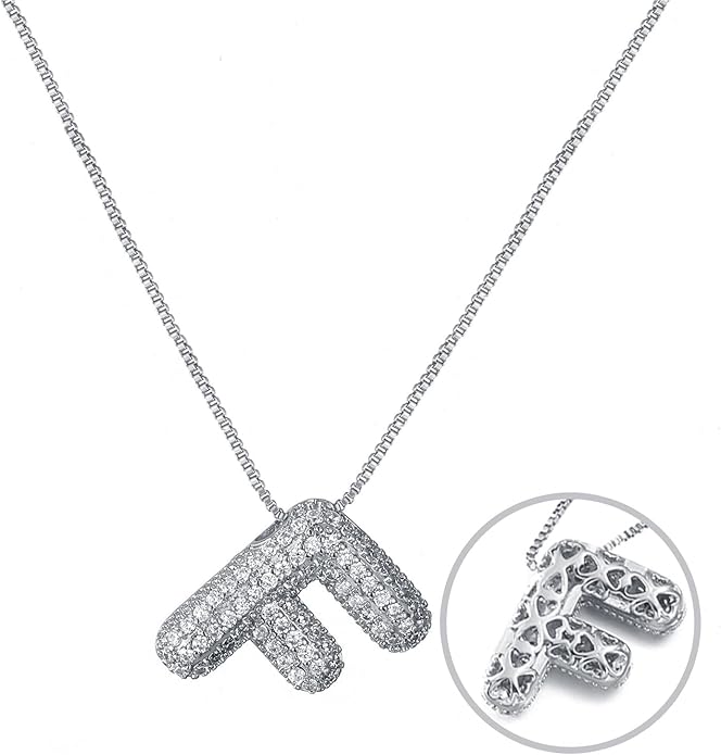 RWQIAN Letter Necklace for Women Bubble, Chunky Initial Alphabet A-Z Pendant Puffy Name Personalized Necklace Dainty Zircon CZ Fashion Jewelry Gifts for Girls Girlfriend