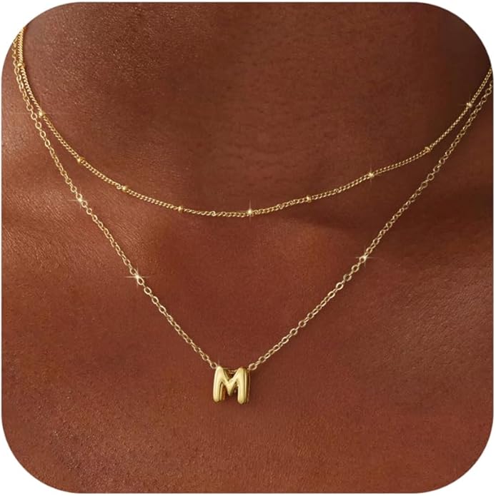 Valentines Day Gifts for Her - Bubble Letter Necklace Layered 14K Gold Plated Initial Necklaces for Women Dainty Cute Choker Pendant Stack Jewelry Fashion Accessories Teen Gift Trendy Stuff