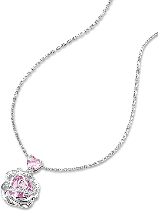 FANCIME Thornless Pulse Heart Birthstone Necklace for Women Sterling Silver Rose Pendant Fine Jewelry Gemstone Birthday Valentines Day Gifts for Wife Her