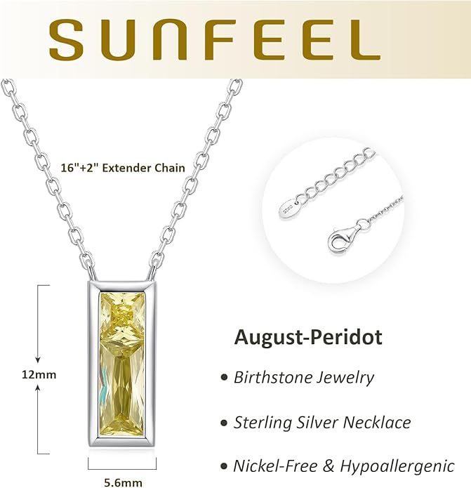 SUNFEEL Birthstone Necklace for Women, S925 Sterling Silver Necklaces with Square Cubic Zirconia Gemstone Necklace Women's Jewelry Anniversary Birthday Gifts for Women Mom Wife Her