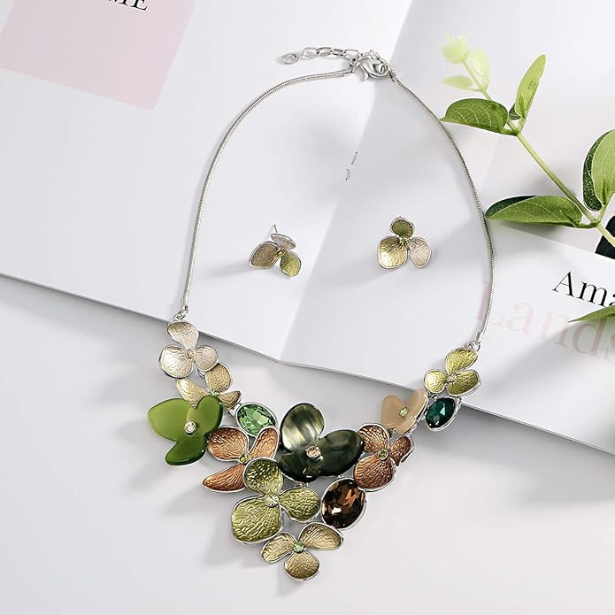 AMYJANE Vintage Statement Jewelry Set - Spring Leaf Flower Floral Plant Necklace Earring Set Crystal Rhinestone Fashion Costume Jewelry for Women Prom Party Unique Gift