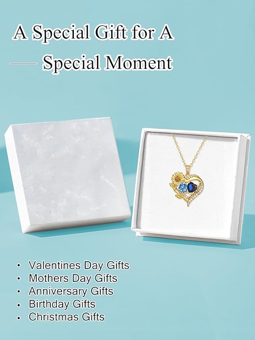 Sunflower Heart Necklace for Women 14K Gold Exquisite Valentines Day Anniversary Birthday Gifts for Wife Mother Her Double Birthstone Pendant Jewelry‘You Are My Sunshine’