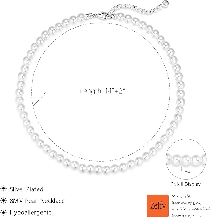 Zeffy Pearl Necklace 4MM/6MM/8MM Dainty Round Imitation Pearl Choker Necklace Wedding Pearl Necklace Delicate Jewelry for Women Simple Bridesmaid Jewelry Gifts