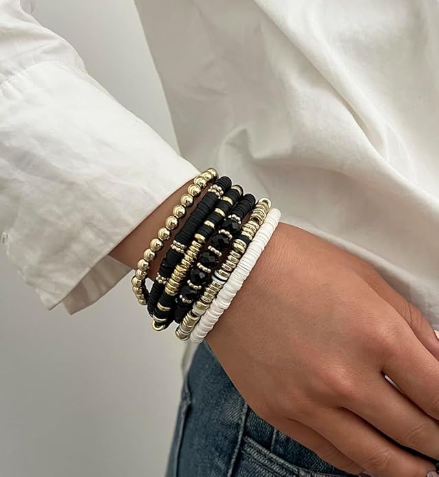 iF YOU 13pcs Heishi Clay Beaded Stretch Bracelets for Women, Boho Gold Surfer Stackable Bracelet Stacks White Brown Black Beach Jewelry