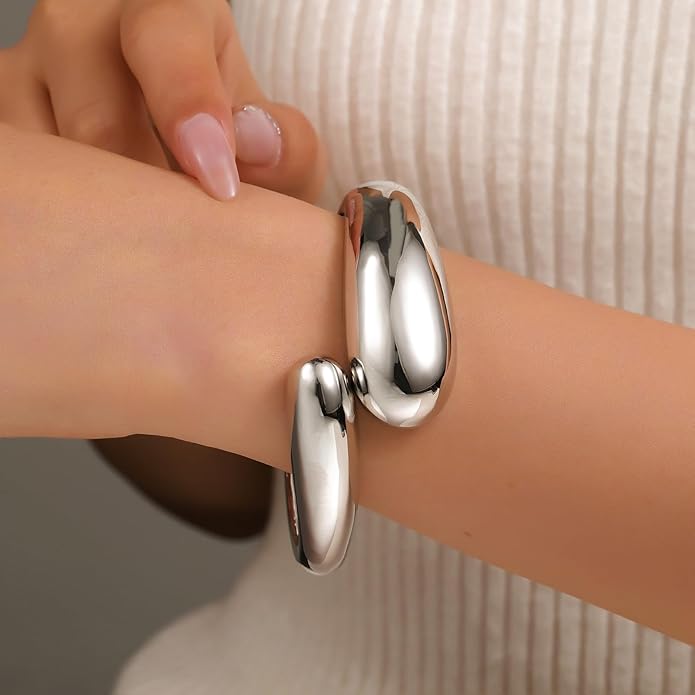 Chunky Gold/Silver Gold Cuff Bangle Bracelets for Women Trendy Hinged Cuff Open Wide Chunky Gold Bracelet Minimalist Bangle Jewelry Gift