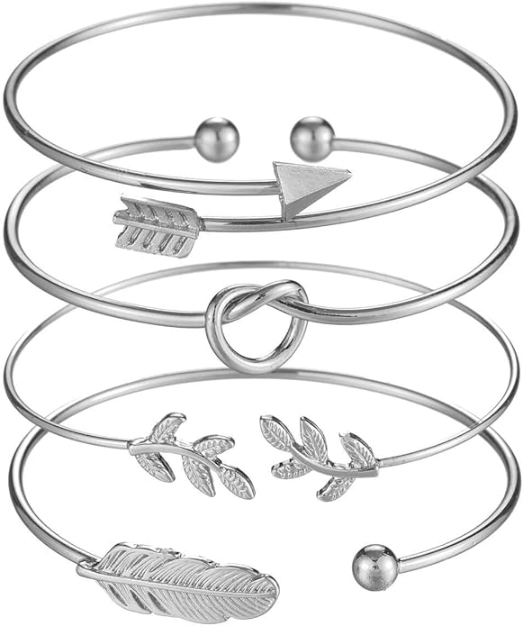 Starain 4Pcs Rose Gold Bracelets for Women Simple Leaf Arrow Feather Knot Heart Bangle Bracelet Adjustable Cuff Bracelet Set