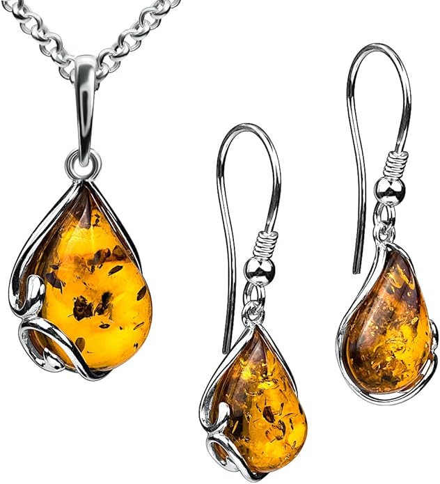 Ian and Valeri Co. Amber Sterling Silver Classic Earrings Pendant Necklace Set Chain18 Inches
