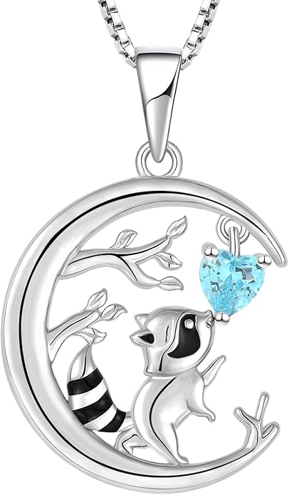 STARCHENIE Raccoon Necklace 925 Sterling Silver Heart Birthstone Pendant Cute Animal Jewelry for Women