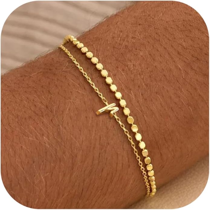 Initial Bracelets for Women, Dainty 14K Gold Plated Layered Letter Bracelet, Trendy Charm Stackable Jewelry Valentines Day Gift for Her