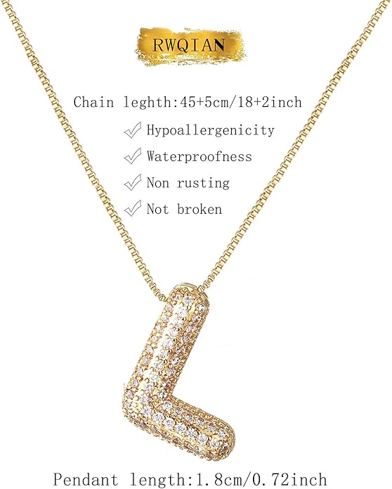 RWQIAN Letter Necklace for Women Bubble, Chunky Initial Alphabet A-Z Pendant Puffy Name Personalized Necklace Dainty Zircon CZ Fashion Jewelry Gifts for Girls Girlfriend