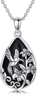 Black Onyx Necklace 925 Sterling Silver Flower Insect Pendant Teardrop Onyx Jewelry Valentines Day Birthday Gifts for Women