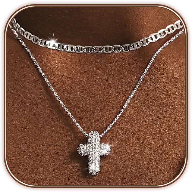 OGD Bubble Cross Necklace for Women 14k Gold Plated Cross Necklace Stackable Dainty Gold Necklace Mariner Chain Necklace CZ Cross Pendant Necklaces Set Simple Jewelry Gift