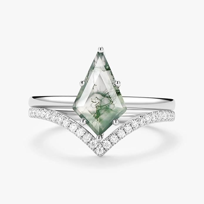 Natural Moss Agate Bridal Ring Set for Women 1CT Kite-cut Moss Agate Engagement Ring Set 925 Sterling Silver 10K 14K 18K Gold Classic Wedding Ring Set