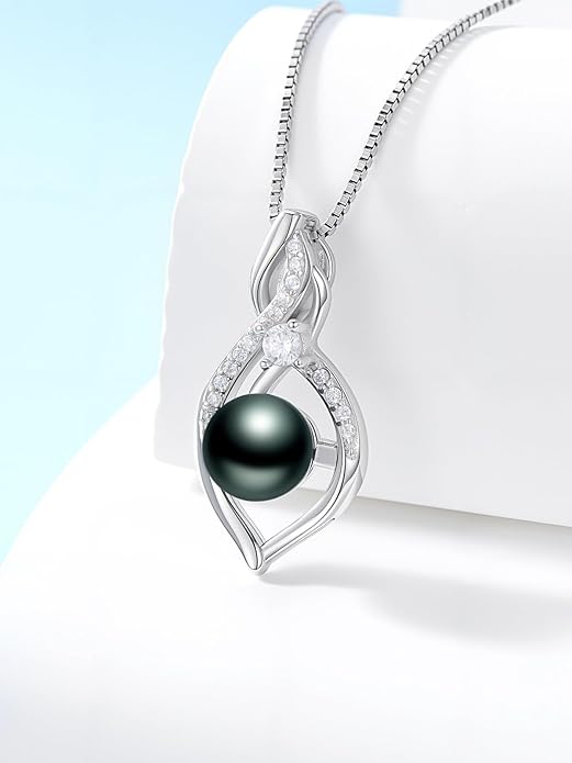 Tahitian Black Pearl 18K White Gold Plated Sterling Silver Heart/Infinity/Four Leaf Clover Pendant Necklace Jewelry Gifts for Women Wife Mom Girlfriend Wedding Birthday Anniversary Christmas