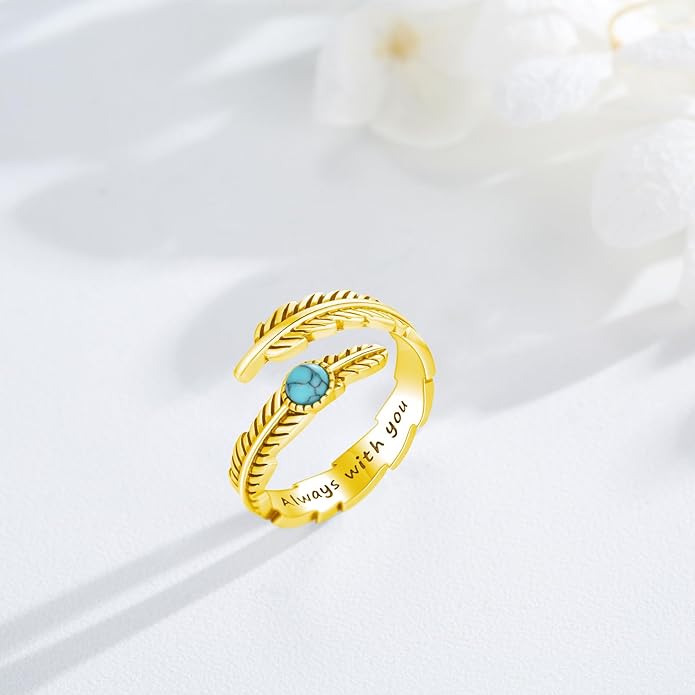 Turquoise/Moss Agate/Moonstone/Black Onyx/Lapis Lazuli/Labradorite/Tiger Eye Feather Ring 925 Sterling Silver Adjustable Ring Western Thumb Rings Vintage Jewelry Gifts for Women