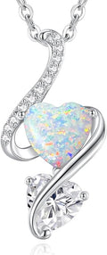 LOUISA SECRET 925 Sterling Silver Opal Birthstone Necklace, Unique Tiny Double Heart Pendant Jewelry, Engraved with "S925 I Love You" Best Birthday Gift for Women Wife Girlfriend Mom Her, Christmas Day Valentine's Day Anniversary Mother's Day
