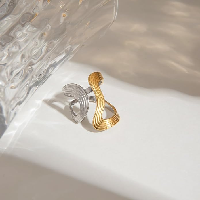 Chunky Rings For Women, Gold Silver Thumb Ring Asymmetrical Wavy Curve Ring Adjustable Non Tarnish Dainty Stainless Steel New Year Anniversary Birthday Jewelry Gift