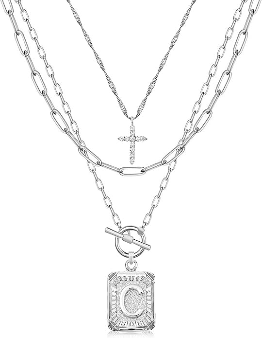 MJartoria Layered Initial Necklaces for Women Trendy, 14K Gold Plated Brass Simple Dainty Cross Choker Square Letter Pendant Necklace, Paperclip Chain Necklaces Jewelry