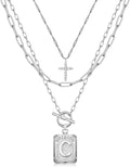 MJartoria Layered Initial Necklaces for Women Trendy, 14K Gold Plated Brass Simple Dainty Cross Choker Square Letter Pendant Necklace, Paperclip Chain Necklaces Jewelry