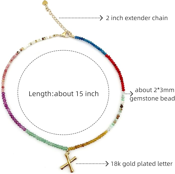 Beaded Initial Necklace for Women, Boho Natural Stone Semi-Precious Stone 18K Gold Plated Letter Pendant Rainbow Colorful Trendy Alphabet Dainty Choker Jewelry for Women Summer Beach Party