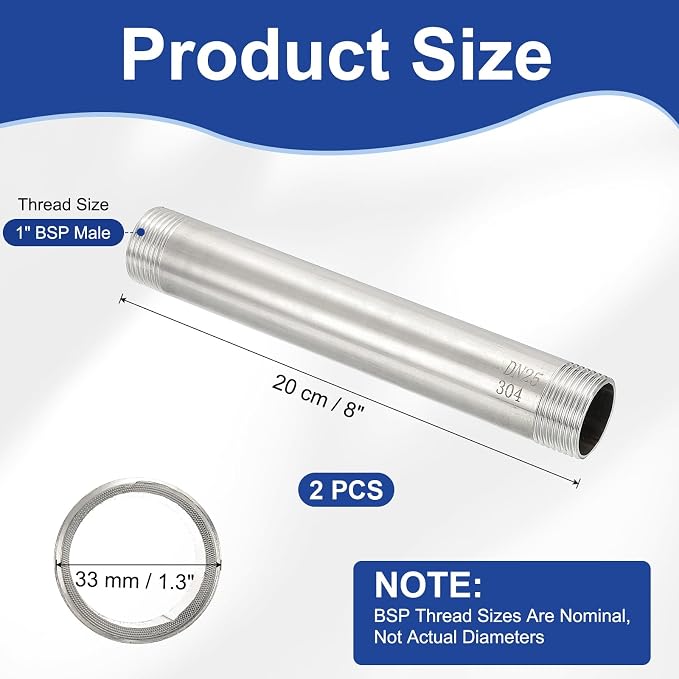 PATIKIL 304 Stainless Steel Pipe Fitting, 2 Pack 1" BSP Male x 1" BSP Male - Image 2