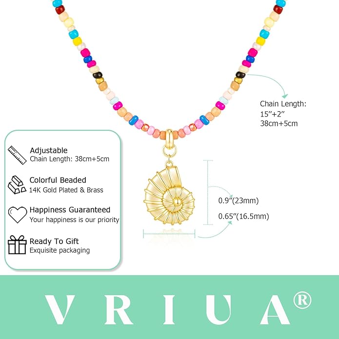 VRIUA Colorful Beaded Necklaces for Women – Summer Beach Boho Starfish, Conch, Shell, Pearl, Palm tree Pendant Necklace Jewelry