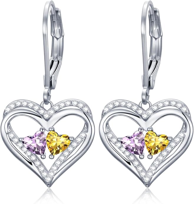 Valentines Day Gifts for Women, Heart Leverback Earrings Double Birthstone Dangle Earrings for Women, Love Jewelry for Her, Anniversary Birthday Gift for Mom Wife Girlfriend