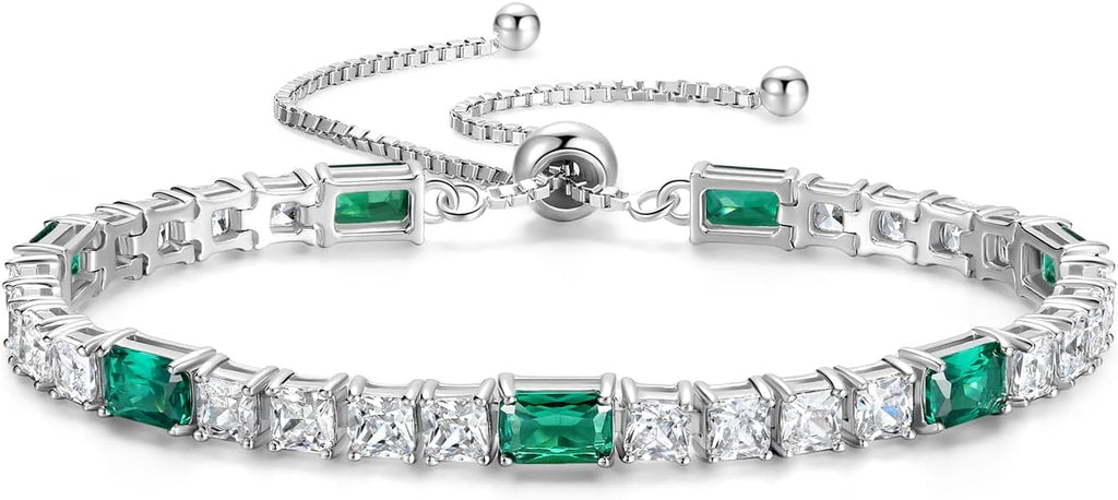 FANCIME Birthstone Bracelet for Women, Sterling Silver 4x6mm Gemstone Tennis Bracelet Bolo Adjustable Chain Fine Jewelry Birthday Gifts for Women Mom Wife Her
