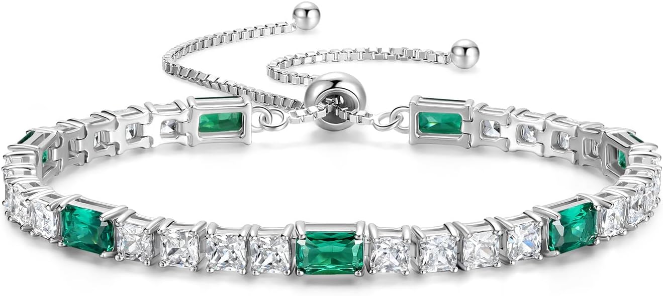 FANCIME Birthstone Bracelet for Women, Sterling Silver 4x6mm Gemstone Tennis Bracelet Bolo Adjustable Chain Fine Jewelry Birthday Gifts for Women Mom Wife Her