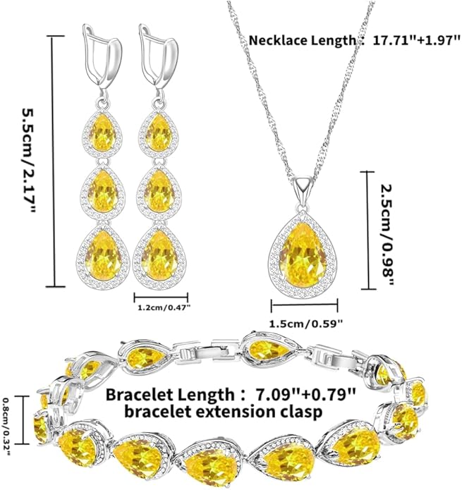 LMXXVJ Necklace Long Earrings Bracelet Set, White Gold Plated Created Blue Sapphire Jewelry Set Wedding Party Gift Jewelry for Women Bridal Bridesmaid