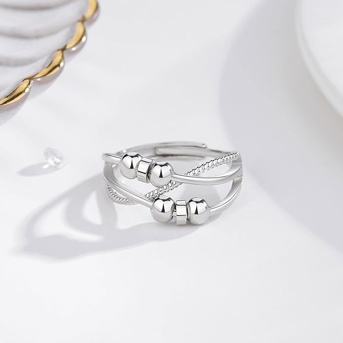 Vito 925 Sterling Silver Fidget Anxiety Ring for Women, Adjustable Open Spinner Ring Stress Relief Ring Stacking Band Anillos Jewelry Gift for Mom Daughter