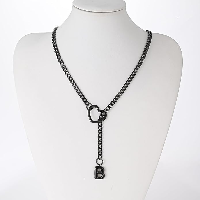 Black Heart Slip Chain Initial Necklaces for Women,Stainless Steel O-Ring Adjustable Lariat Heart Y-Necklace,Punk Gothic Cuban Collar Choker Necklace for women