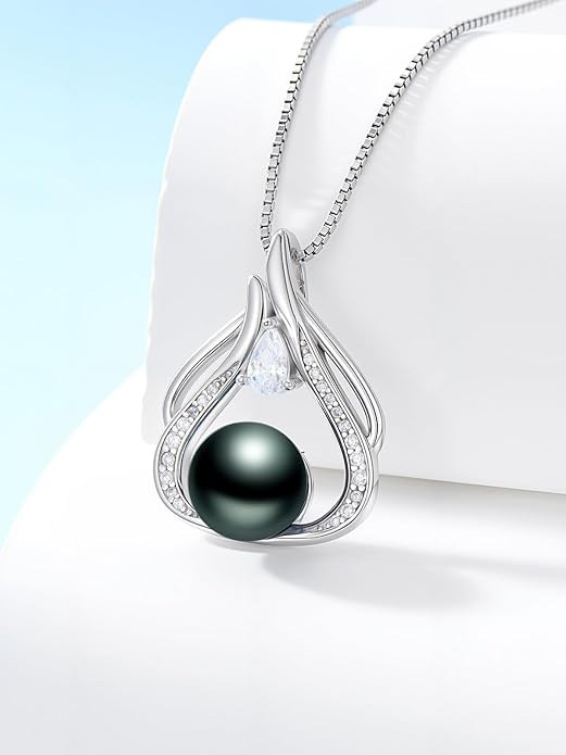Tahitian Black Pearl 18K White Gold Plated Sterling Silver Heart/Infinity/Four Leaf Clover Pendant Necklace Jewelry Gifts for Women Wife Mom Girlfriend Wedding Birthday Anniversary Christmas