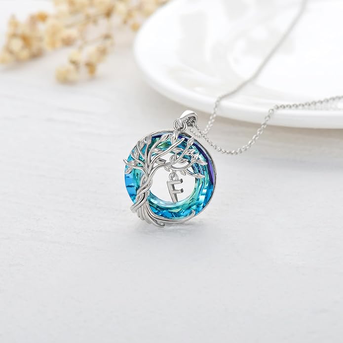 TOUPOP Gifts for Women Tree of Life Necklace 925 Sterling Silver Initial Pendant Family Tree Crystal Jewelry Valentine's Day Birthday Gifts for Her Mom Wife Girlfriend Daughter