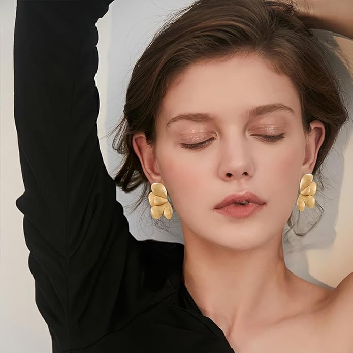 Chunky Gold Statement Earrings For Women Gold Plated Sectored Flower Leaf Shell Angel Wing Earrings Trendy Boho Jewelry For Women Large Stud Earrings Hypoallergenic Earrings