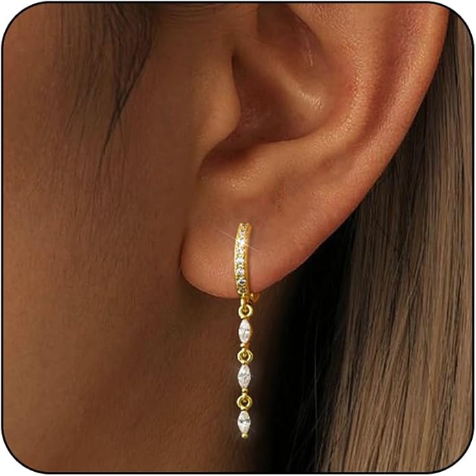 14K Gold Plated Dangle Earrings for Women Dainty Silver Drop Earring Trendy Small Long Dangling Wedding Bridesmaid Hoop Diamond Crystal Cute Earring Jewelry Valentine Gifts