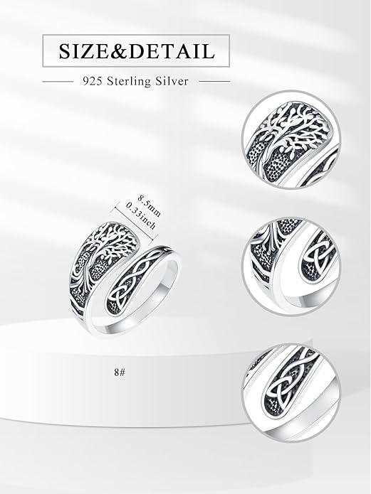 Midari Sun and Moon/Bee/Celtic/Life of Tree/Lotus Spoon Ring for Women 925 Sterling Silver Adjustable Ring Open Ring for Women Men Halloween Birthday Gift