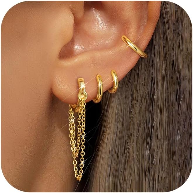 Tassel Chain Small Gold Hoop Dangle Earring For Women Huggie Earring Heart Star CZ 14K Gold Plated Fashion Jewelry Friendship Gift