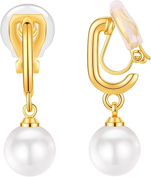 FAN&LOUIS Pearl Clip On Earrings for Women，24K Gold Plated Hypoallergenic Pearl Dangle Drop Women's Non-Pierced Painless Clip-On Earrings