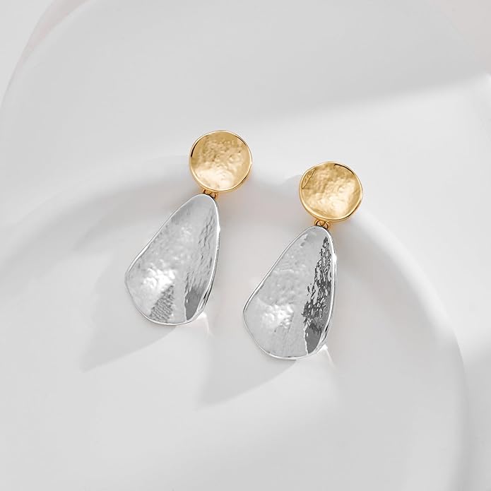YUJIE Gold Plated Earrings for Women Geometric Chunky Dangle Earring Trendy Silvery Two-Tone Statement Jewelry