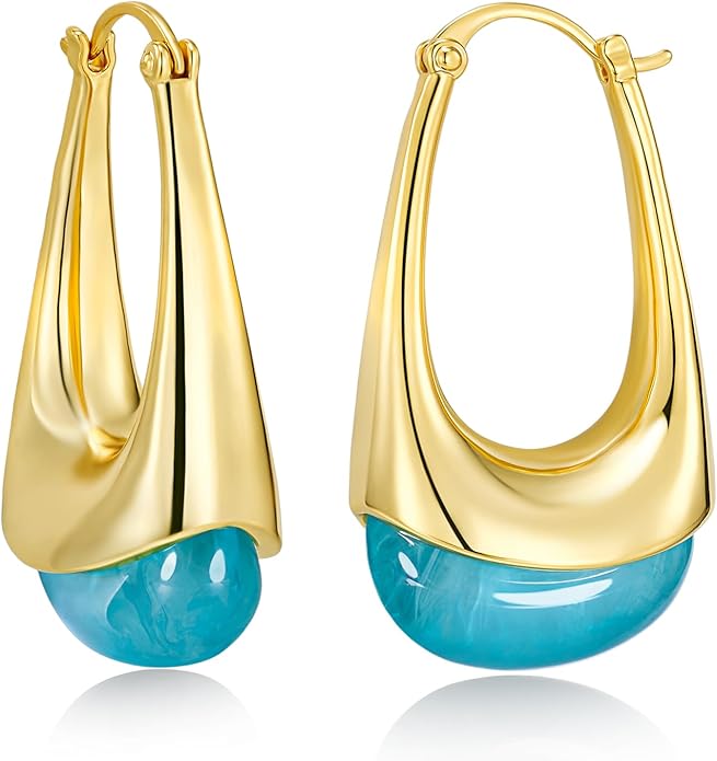 Long Oval Chunky Dangle 18K gold plated Hoops with Colored Resin Gemstone Statement Earrings for Women by SNGIA, (Green, Brown, Blue, Pink, White, Cream), Bold Drop Handmade Exaggerated Irregular Trendy Bohemian Jewelry Gifts, Unique Dangling Teardrop ...